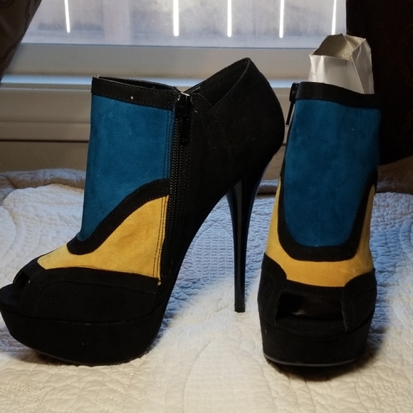 Qupid Shoes - QUPID black teal yellow new suede like peep toe heels booties